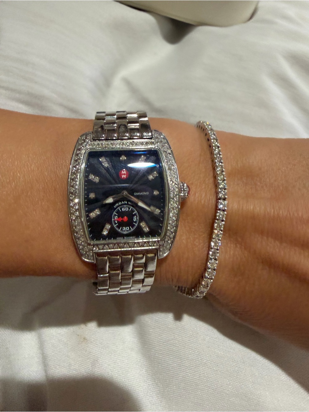 Michele Diamond-Set Stainless Steel Tonneau Watch — Black Dial - Picture 5 of 13